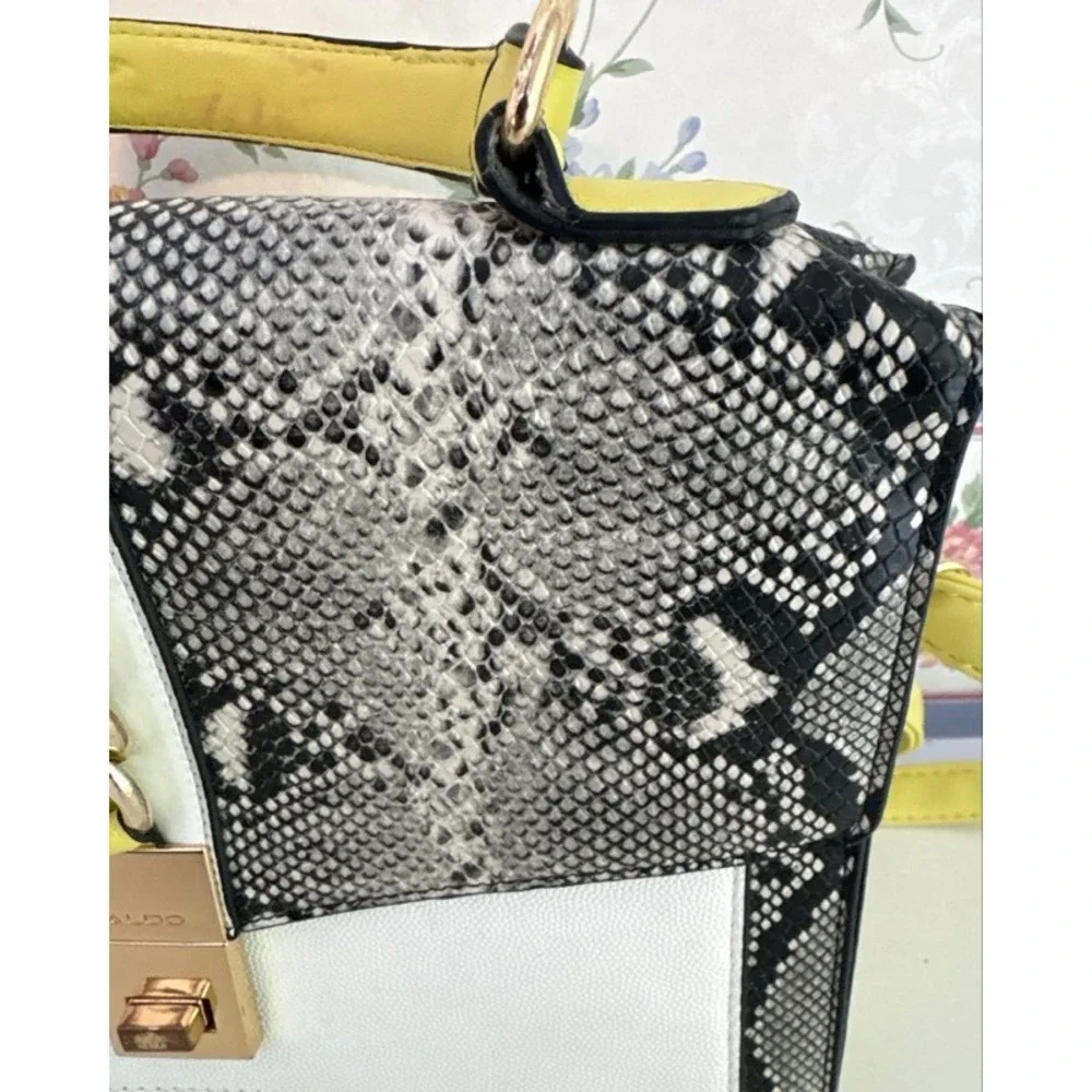 Aldo Snakeskin Print Satchel Neon Yellow Grey White Crossbody Handbag